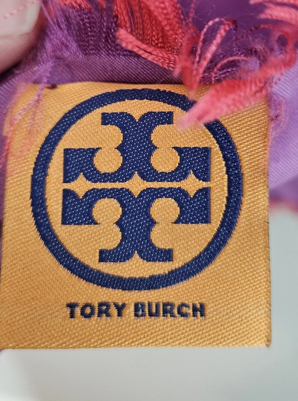 Tory Burch Pansy Silk Scarf Purple Red Logo Fringe Edge 37